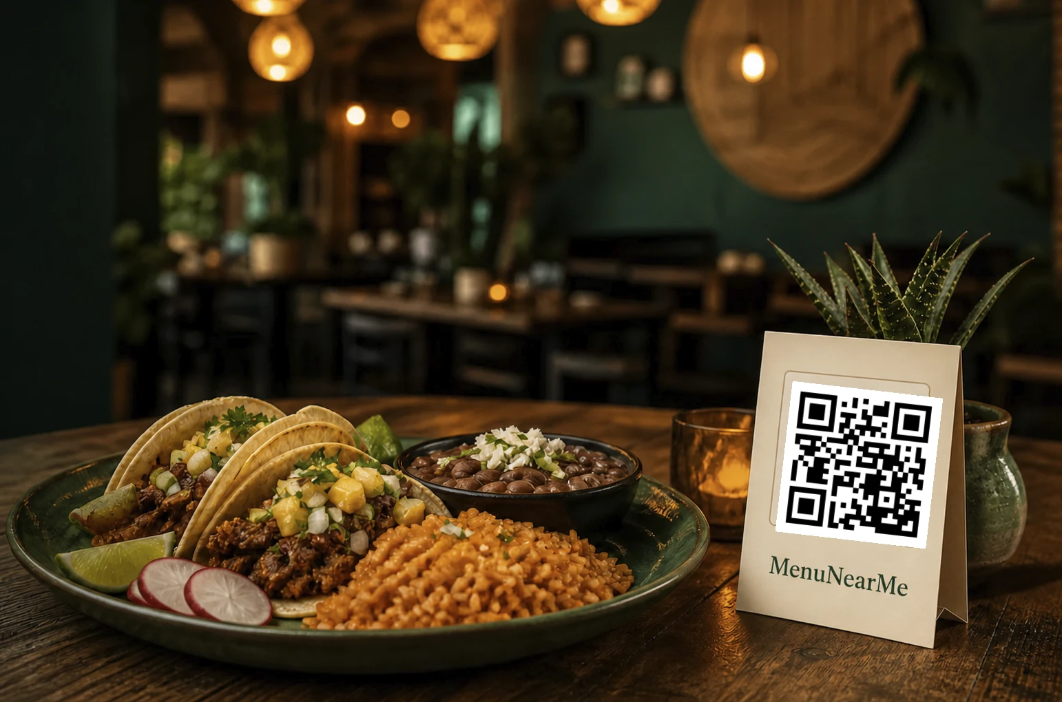 Restaurant meal beside a printable MenuNearMe QR code